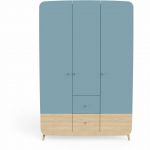 Declikdeco Armoire 3 Portes + 4 tiroirs FIRMIANA bleu orage et pin naturel
