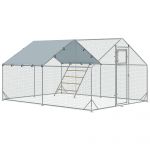Pawhut Enclos Poulailler 12 M&sup2; Espace Couvert - Perchoir, Mangeoire &Agrave; Suspendre, Porte, B&acirc;che - 4 X 3 X 1,95 M - Acier Gris