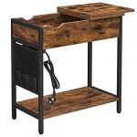 Songmics VASAGLE Table d'Appoint avec Prise d’Alimentation, Bout de Canapé, Petite Table, Dessus Rabattable, Table de Chevet, Pochette en Tissu, pour Salon, Chambre, Marron Rustique et Noir LET311B01