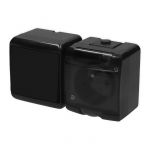 Interrupteur simple avec prise simple 2P+T clapet de protection teinté étanche IP54 Karlik Junior Noir WGHH-1d