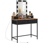 Homcom Coiffeuse style industriel - miroir LED réglable - 4 tiroirs tissu - acier noir aspect bois vieilli