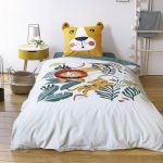 Cot&eacute; D&eacute;co Parure de lit Enfant R&eacute;versible Lion Vert et Jaune Housse de Couette 140x200cm + 1 taie d'oreiller 63x53cm 100% Coton