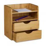 Relaxdays Organiseur de bureau en bambou casier de rangement H x l x P: 21 x 20 x 13 cm 2 tiroirs porte-document corbeille à courrier ordre ranger distributeur de bureau en bois, nature