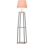 Homcom Lampadaire design contemporain dim. 40L x 40l x 160H cm 40 W max. 3 étagères intégrées bois massif caoutchouc métal noir lin beige