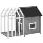 Niche villa pour chien sur pied - terrasse, claustra, auvent, porte, fen&ecirc;tre, toit bitum&eacute; - bois blanc gris
