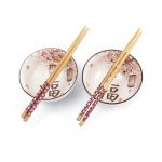 Lachineuse - Coffret 2 Bols Japonais Fleurs de Cerisier ⌀ 11cm - Bols à Riz, Poke Bowl, Petit Déjeuner & Soupe - 2 Paires de Baguettes - Bol Asiatique Japon Asie - Cadeau Vaisselle Japonaise