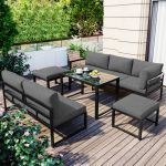 Hauss Spole - Salon de jardin 5 pièces, 2 canapés + 2 tabourets + 1 table basse, canape jardin, fer, gris