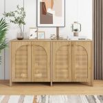 Buffet moderne avec &eacute;tag&egrave;res r&eacute;glables - portes en rotin - MDF - Naturel