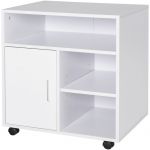 Homcom Support d'imprimante organiseur bureau caisson placard porte 3 niches + grand plateau panneaux particules blanc