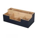 Relaxdays Organisateur de Bureau, 7 Compartiments, H x L x P : 11 x 30 x 15 cm, Bambou, Rangement, Noir/Naturel