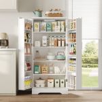 Buffet de cuisine - MODERNLUXE - 60x35x128 cm - &Eacute;clairage LED &agrave; capteur - 2 portes - 5 &eacute;tag&egrave;res r&eacute;glables - Blanc