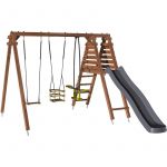 Soulet Portique avec toboggan en bois traité carré, eco-friendly 3 agrès - Trèfle