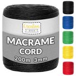3mm x 200m Corde Macramé Fil de Coton Noir - (+/-) 0.5 mm d’Épaisseur - Ficelle de 15 Plis - Cordelette Naturel - Cuisine, Jardin