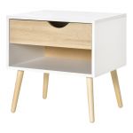 Homcom Chevet table de nuit tiroir niche design moderne panneau de particules classe E1 pieds en bois massif - bois de chêne blanc