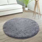 Paco Home - Tapis De Salon Poils Longs Fausse Fourrure Shaggy Moelleux Monochrome Gris, 80 cm rond