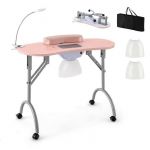 COSTWAY Table de Manucure Pliante avec Aspirateur - Lampe LED Flexible Coussin pour Poignet Amovible Rose