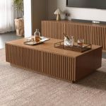 Table basse relevable carr&eacute;e, structure bois et m&eacute;tal, couleur noyer,Grain du bois