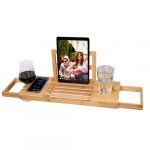 Alpina Salle de Bain Planche Bois - Plateau de Bain 50-92 x 18 x 4 cm - Decoration Salle de Bain Bambou avec Support de Livre et Porte-Tablette - INCL. Porte-Gobelets