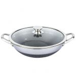 Wok 36cm - CHEFFINGER - Nid d'Abeille - Inox 18/10 - Couvercle en Verre - Anti-rayures