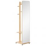 Homcom Miroir sur pied avec roulettes - portant, 4 patères étagère MDF aspect bois clair 40x44x170cm Beige