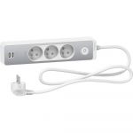 Schneider Electric Rallonge Multiprise 3 Prises 2P+T Blanche Finition Aluminium Brossé 2 USB 1,5m