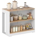 Homcom Table de bar - 3 niveaux - 2 compartiments ouverts - plateau effet bois naturel - 113 x 60 x 90 cm - blanc