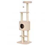 Pawhut Arbre à Chats avec Griffoir Niche Poteaux Peluche Haute Densité 45L x 40L x 148H cm Beige