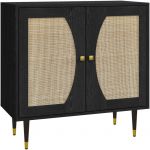Homcom Buffet 2 portes 2 étagères design contemporain cannage rotin panneaux aspect bois noir - Noir