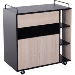 Homcom Chariot de service desserte de cuisine &agrave; roulettes multi-rangements placard double portes + 3 &eacute;tag&egrave;res + niche + tiroir panneaux particules noir ch&ecirc;ne