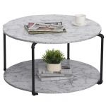 Homcom Table basse ronde avec étagère dim. Ø 80 x 45H cm panneaux particules imitation marbre blanc métal noir 80x80x45cm Blanc