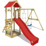 Wickey Aire de jeux Portique bois FreeFlyer avec balançoire et toboggan rouge Maison enfant extérieure avec bac à sable