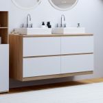 Idmarket Meuble double vasque suspendu salle de bain TOMI 120 cm 4 tiroirs fa&ccedil;on h&ecirc;tre et blanc