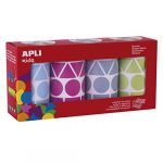 APLI Kids 19190 - Gommettes géométriques en rouleau - 27 mm - Couleur: bleu, fuchsia, gris, vert - 4 rouleaux