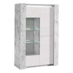 PRAVA - Vitrine 3 Portes Laqu&eacute;e Blanc et Effet Marbre avec Leds