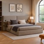 Menzzo Lit-coffre complet avec tablettes et ports USB intégrés Lukas 140x190cm Tissu Taupe clair