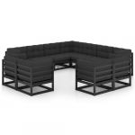 VidaXL Juego de muebles de jardín 11 pzas y cojines negro madera pino