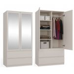 Turin - Armoire 2 portes avec miroir style moderne chambre à coucher blanc - 90x50x180 - 2 tiroirs