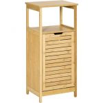 Meuble bas basculant salle de bain style cosy dim 40L x 30l x 86,5H cm porte basculante à lattes bambou mdf aspect bois clair