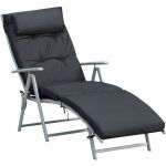 Outsunny Bain de Soleil Pliable transat inclinable 7 Positions Chaise Longue Grand Confort avec Matelas + accoudoirs métal époxy textilène Polyester Noir