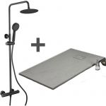 Stano Pack Receveur de douche 90 x 120 cm extra plat Gris + Colonne de douche thermostatique Finition noir mat - Finition noir mat