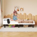 Lit 90x200 cm, lit simple, lit enfant (2-4 ans), motif chiot, barri&egrave;res de s&eacute;curit&eacute;, blanc