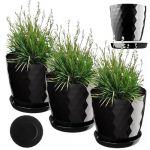 Pot de Fleurs en Plastique avec Soucoupe, Pot de Plante pour Une Décoration Florale Moderne dans l'espace Interieur (Lot de 3 : Noir, 16 cm) - Kadax