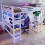 Lit mezzanine 140x200 cm - Avec bureau - Avec garde-corps+&eacute;chelle - Prises USB + Type-C - Avec LED - Blanc (matelas non inclus)