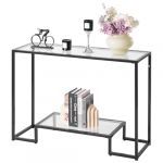 VEVOR Table Console en Verre 2 Niveaux, Table d'Appoint Rectangulaire Moderne, Bout de Canap&eacute; avec Plateau en Verre Tremp&eacute;, Pieds en Fer et Dispositif Anti-basculement, Entr&eacute;e Salon Couloir, Noir
