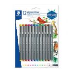 Staedtler Pigment Liner Colour, Feutres fins &agrave; encre color&eacute;e pigment&eacute;e infalsifiable pour &eacute;crire et dessiner, Pointe fine de 0.5 mm, &Eacute;tui blister avec 12 feutres de couleurs diff&eacute;rentes, 30805SBK12