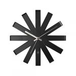 Umbra Ribbon Clock. Horloge murale silencieuse Ribbon, en m&eacute;tal, coloris noir. Dimension : 31cm de diam&egrave;tre x 5.7cm d'&eacute;paisseur.