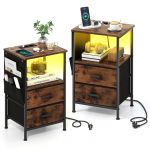 Table de Chevet avec Prise, Table d'Appoint LED, 2 Tiroirs Pliables, 6 Poches Latérales, Chevet de Lit Lumineuse pour Chambre, Salon, Marron, 2 Pcs