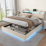 Lit coffre 160 x 200 cm,lit hydraulique avec &Eacute;tag&egrave;res ouvertes et rangement cach&eacute; en t&ecirc;te de lit capitonn&eacute;,lit 2 personnes avec LED et multiprise,lit