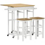 Homcom Ensemble table de bar 2 tabourets 2 tiroirs bois bambou verni blanc