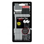 Stabilo Feutre dessin Creative Tips - Etui carton x 10 stylos de calligraphie à pointe assorties 0.2; 0.4; 0.7; 1 mm et brush - noir, gris